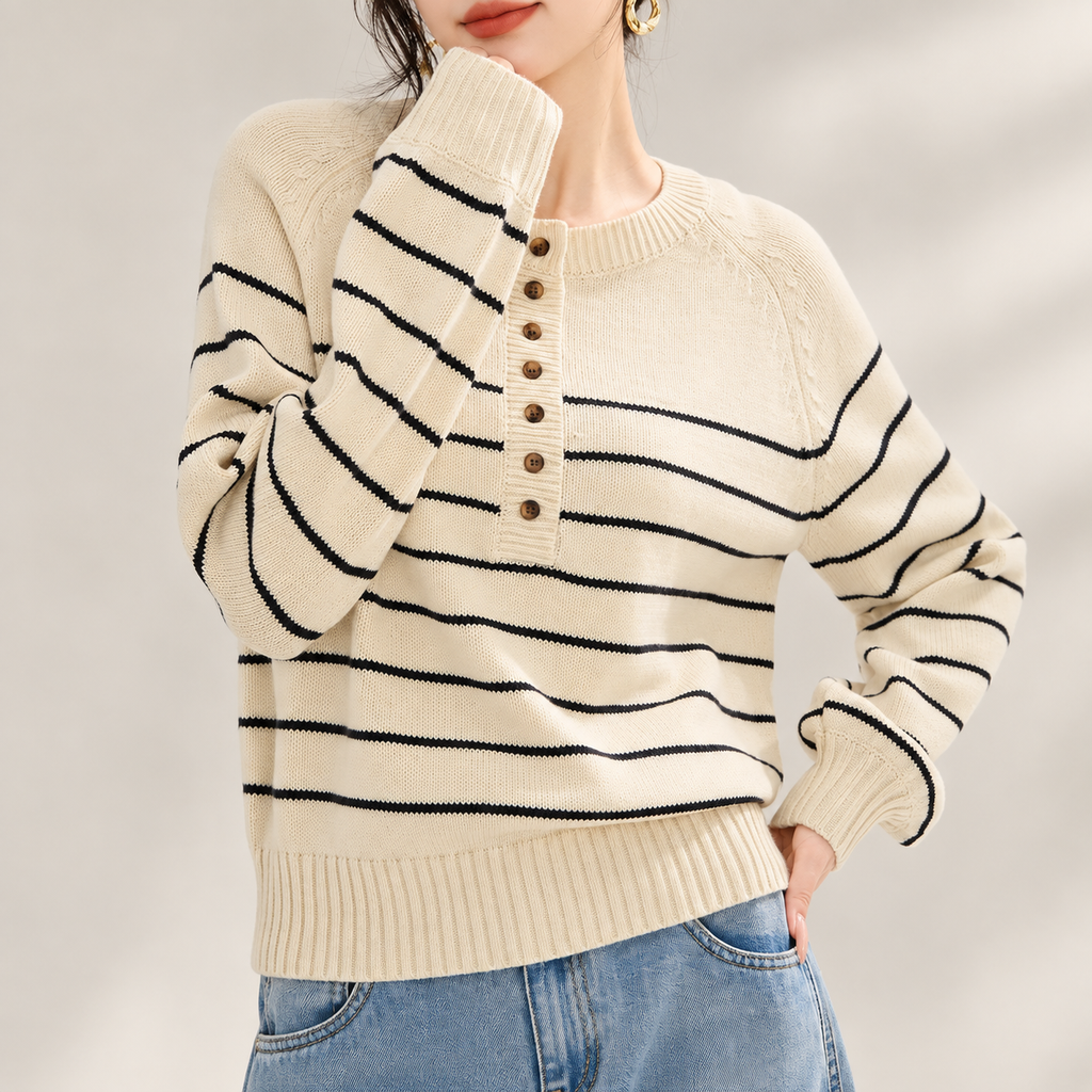 Elena Cream & Navy Striped Henley Knit Sweater