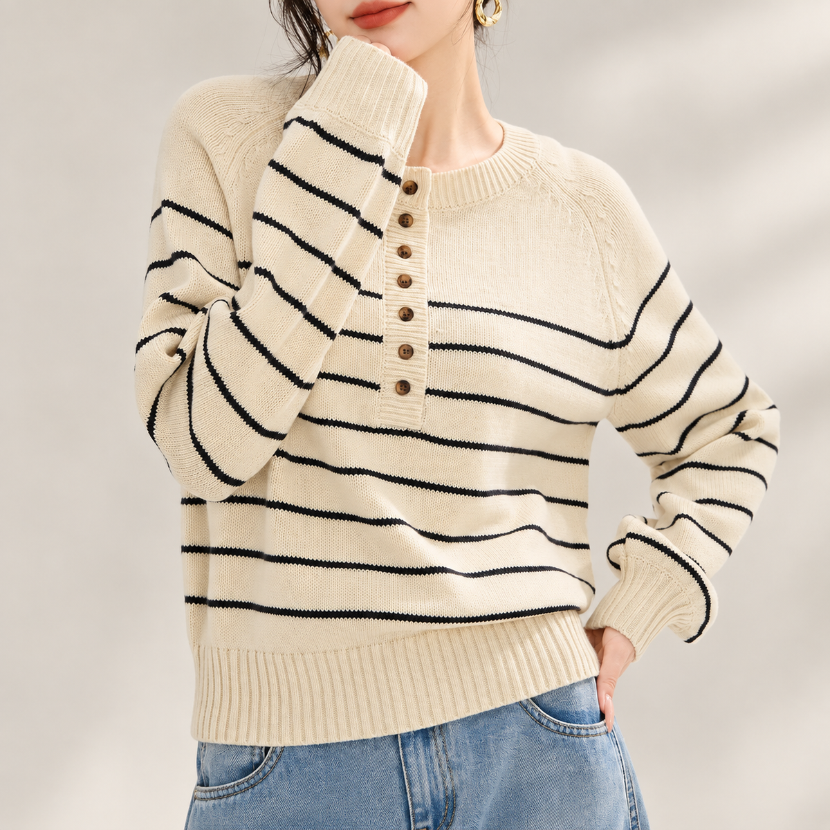 Elena Cream & Navy Striped Henley Knit Sweater