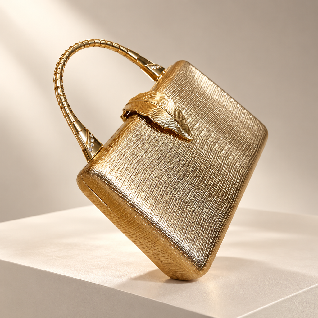Camille Metallic Leaf Clasp Evening Clutch with Top Handle
