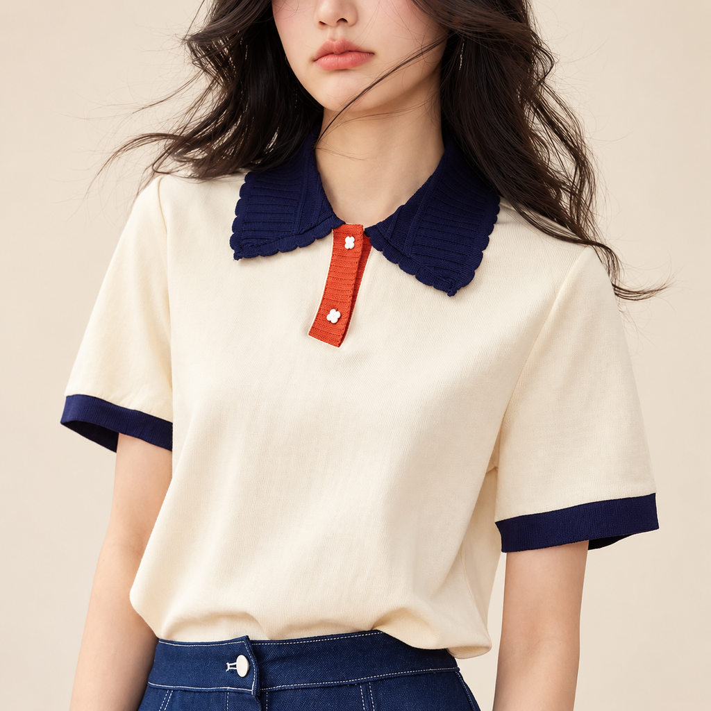 Evelyn Contrast Collar Short-Sleeve Knit Top