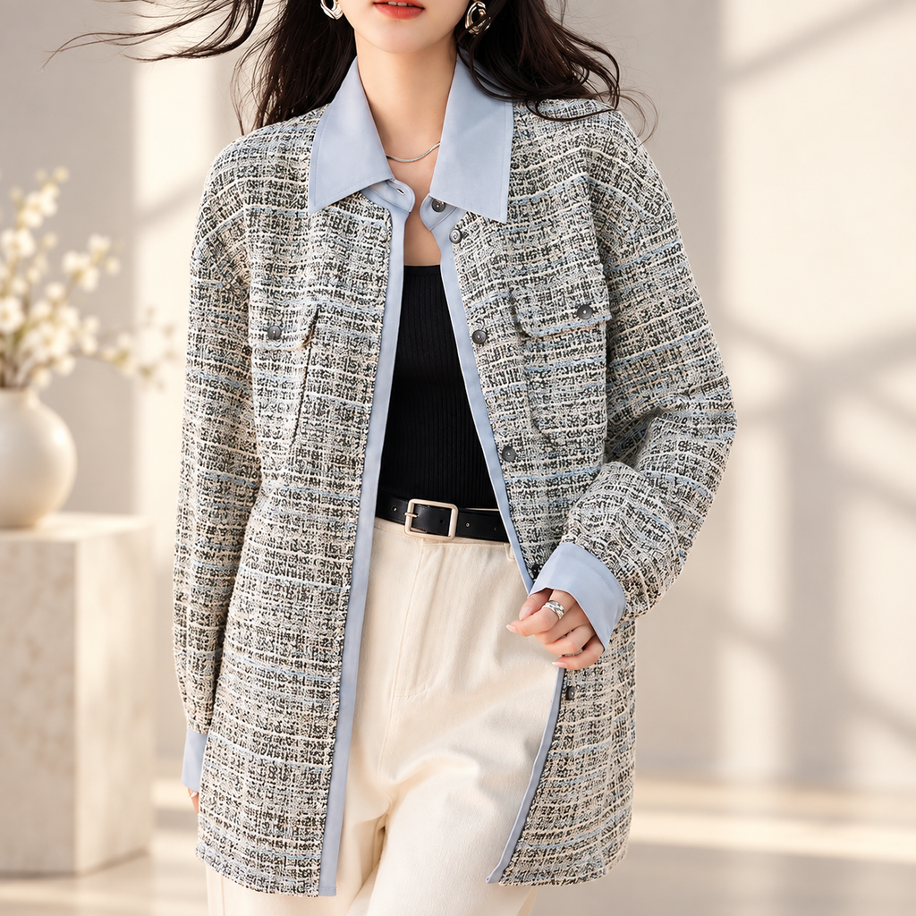 Camille Women’s Blue Tweed Contrast-Collar Long Shirt