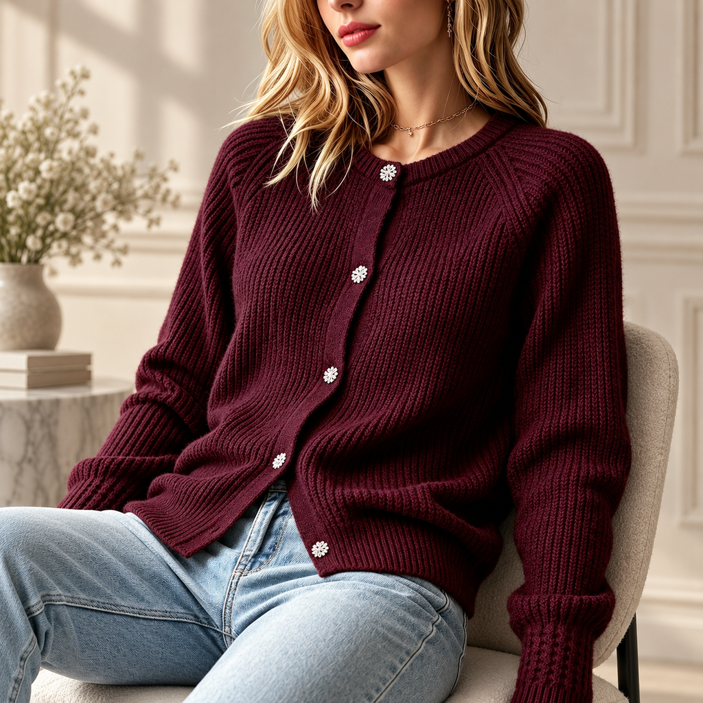Vivienne Women’s Burgundy Ribbed Knit Cardigan