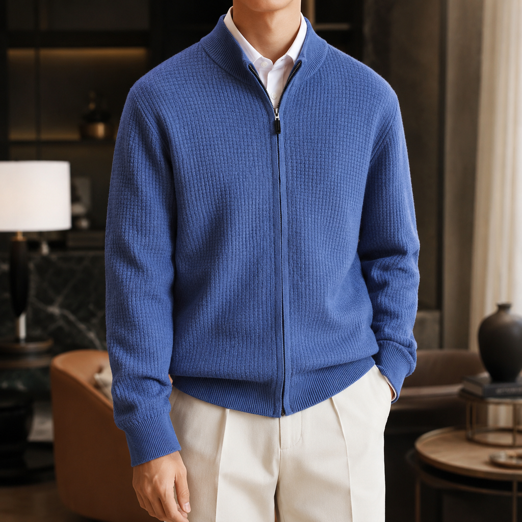 Harrison Men's Full-Zip Knit Cardigan – Textured Mock Neck Sweater