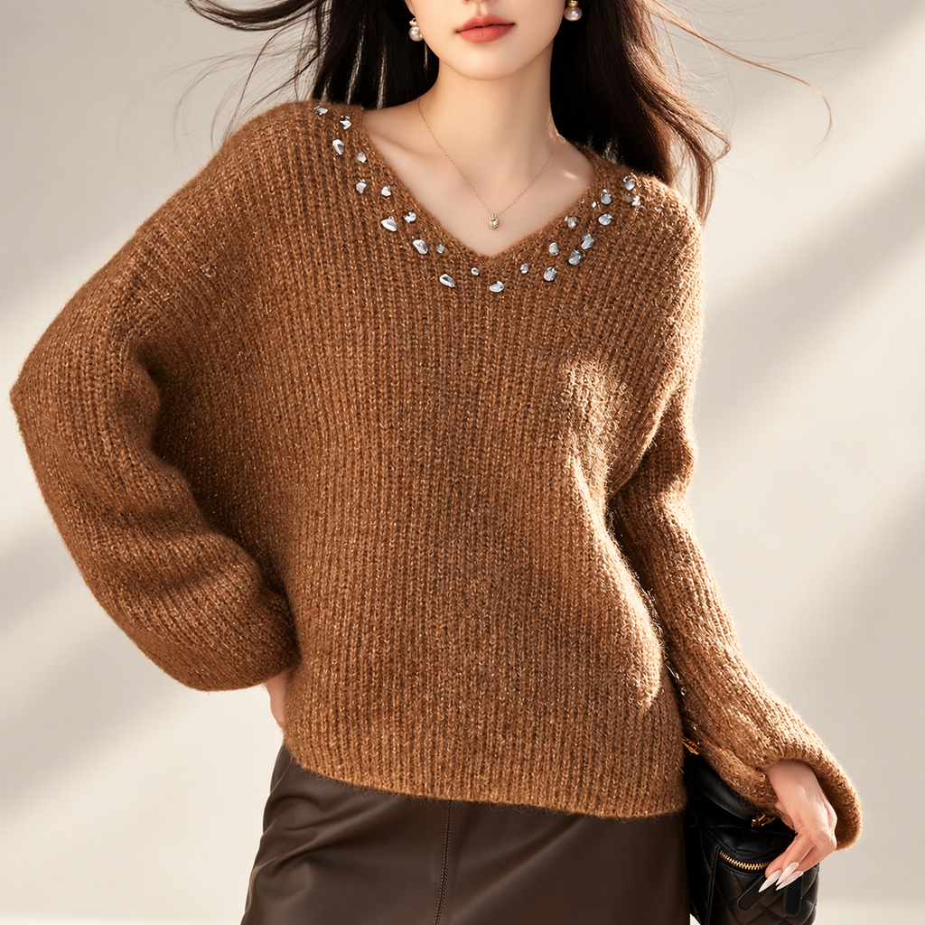 Elodie Crystal-Embellished V-Neck Knit Sweater