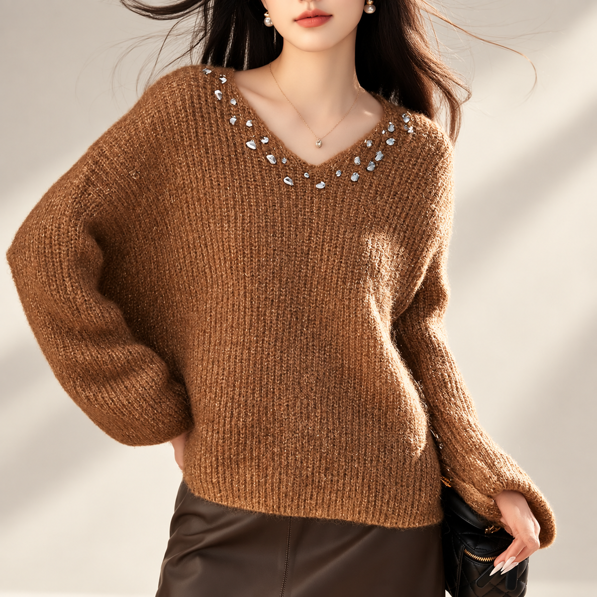 Elodie Crystal-Embellished V-Neck Knit Sweater