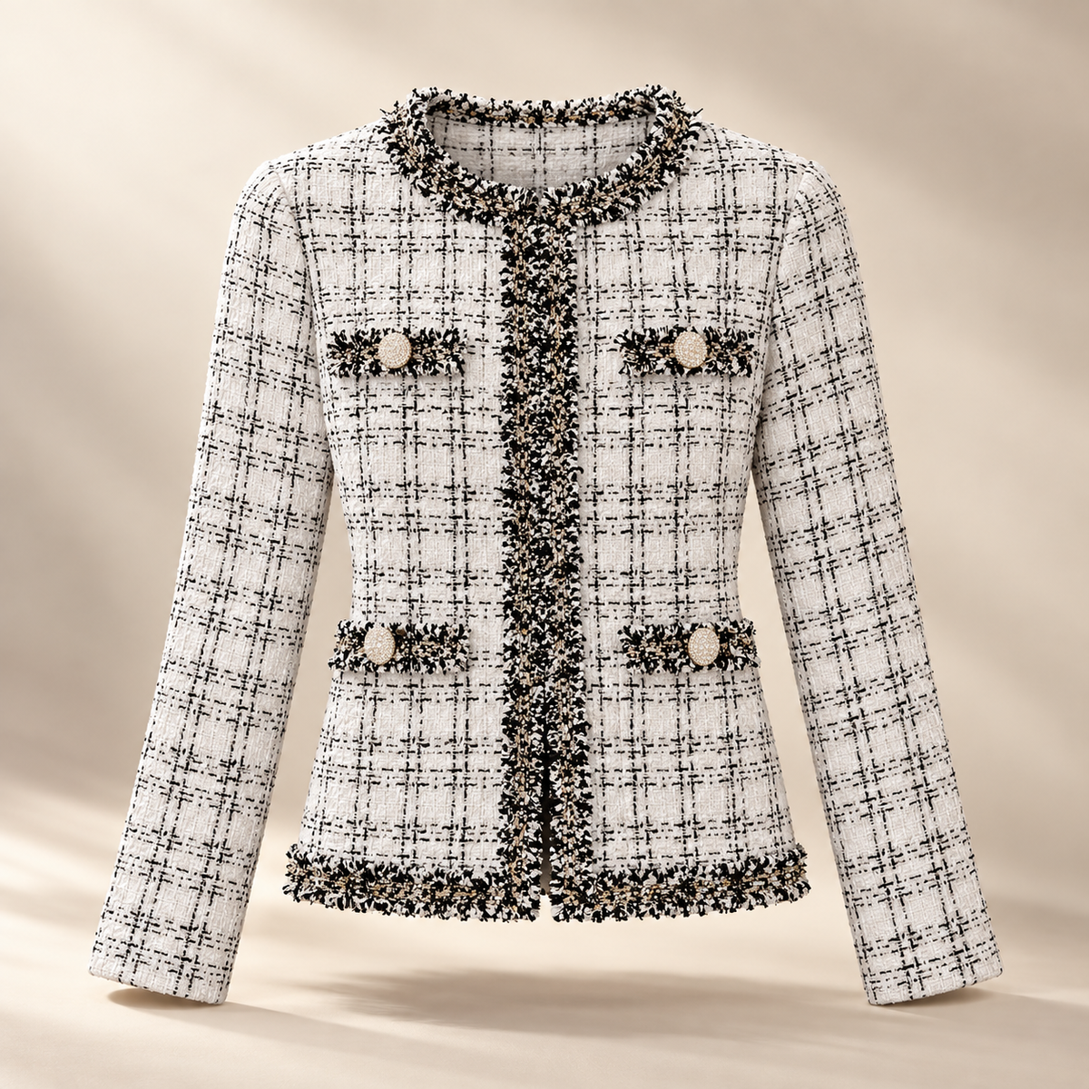 Genevieve Women’s Tweed Jacket – Collarless Fringed Trim Button-Front Blazer