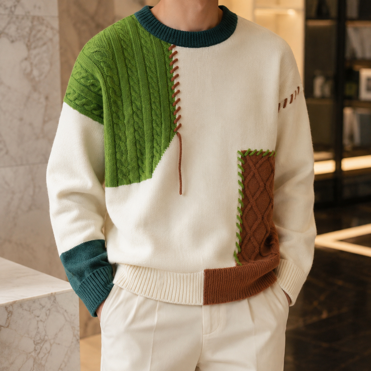 Lucien Men's Patchwork Knit Sweater – Relaxed Textured Crewneck