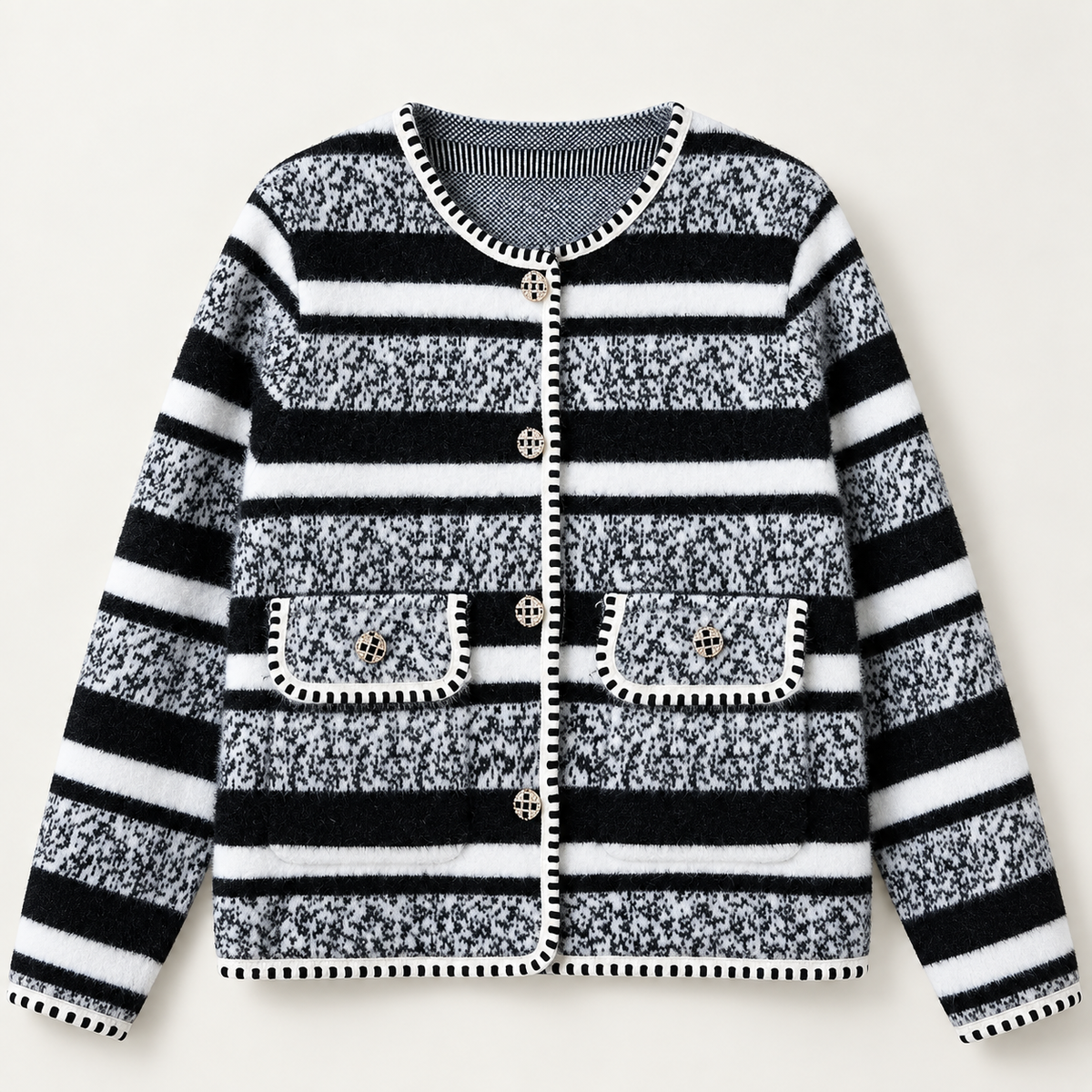 Camille Black & White Striped Knit Cardigan with Gold-Tone Buttons