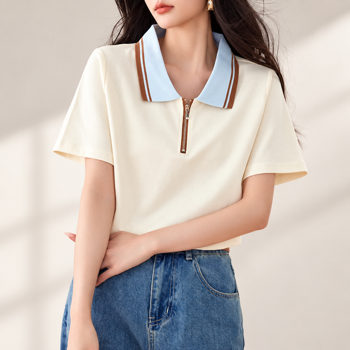 Juliette Zip-Collar Short-Sleeve Polo Top