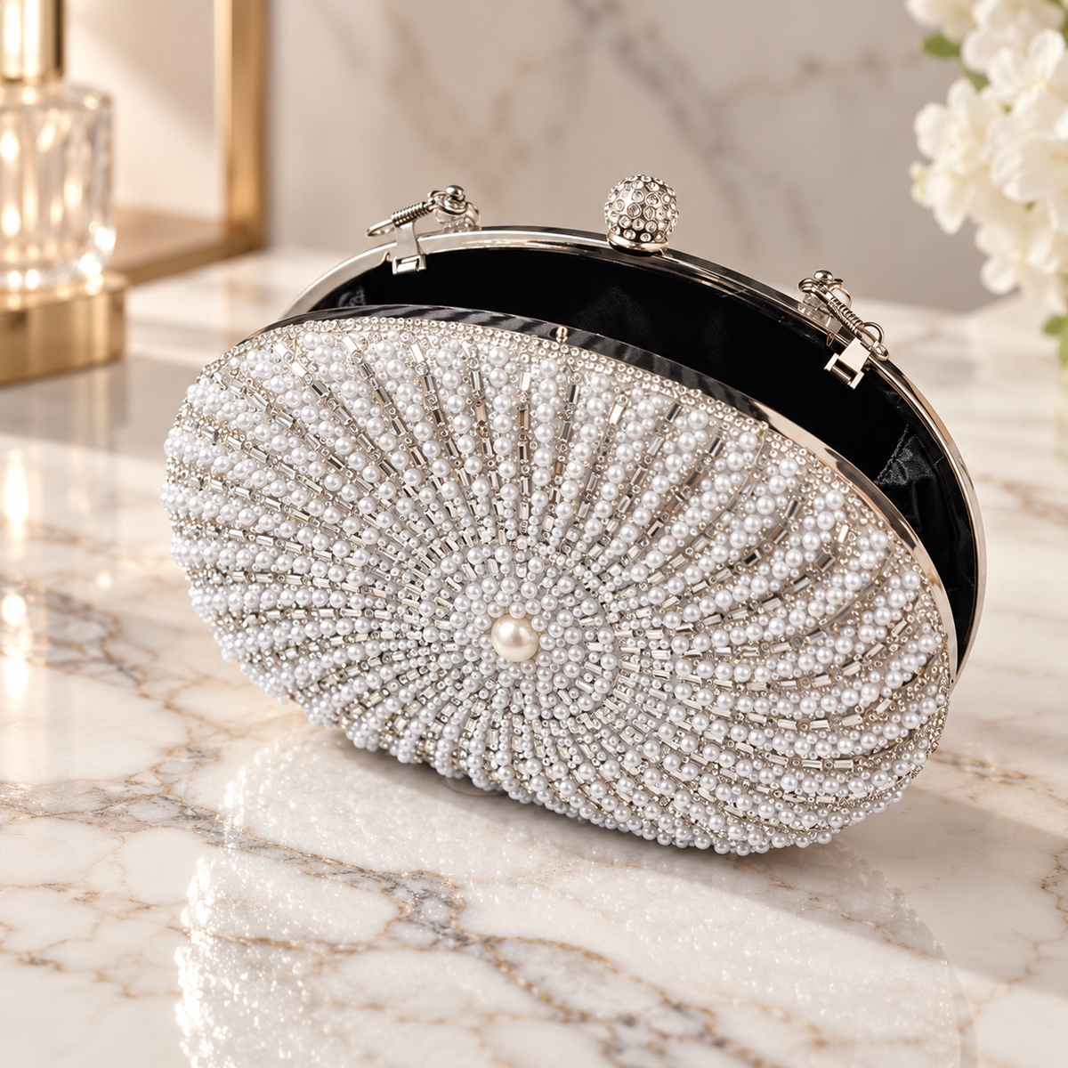 Elodie Pearl & Rhinestone Oval Evening Clutch with Metal Top Handle