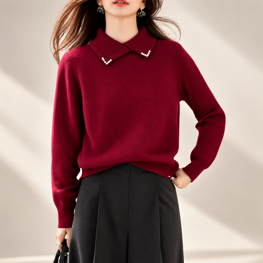 Juliette Women’s Burgundy Pearl-Collar Knit Sweater