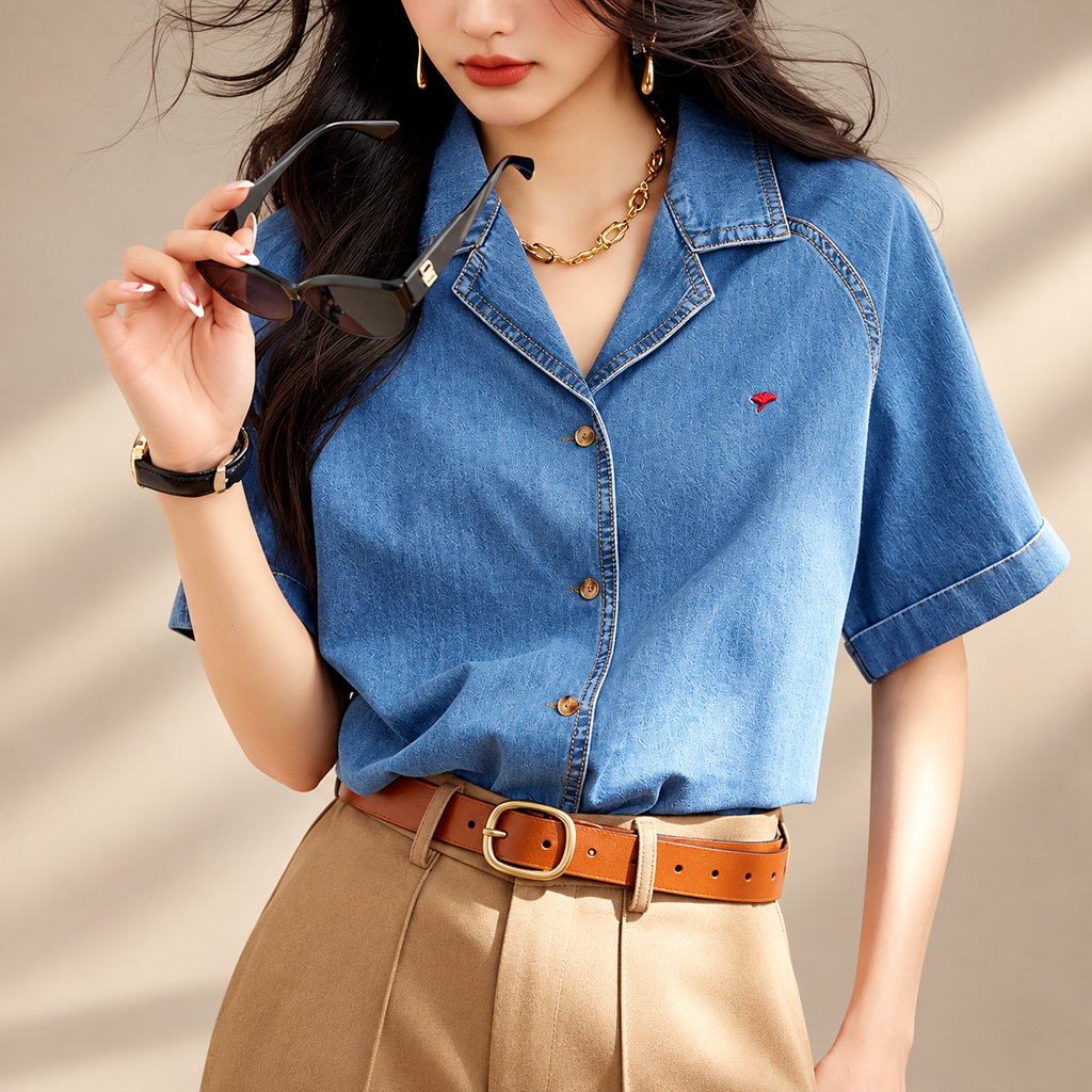 Alessia Women’s Short Sleeve Denim Button-Up Shirt – Medium Blue