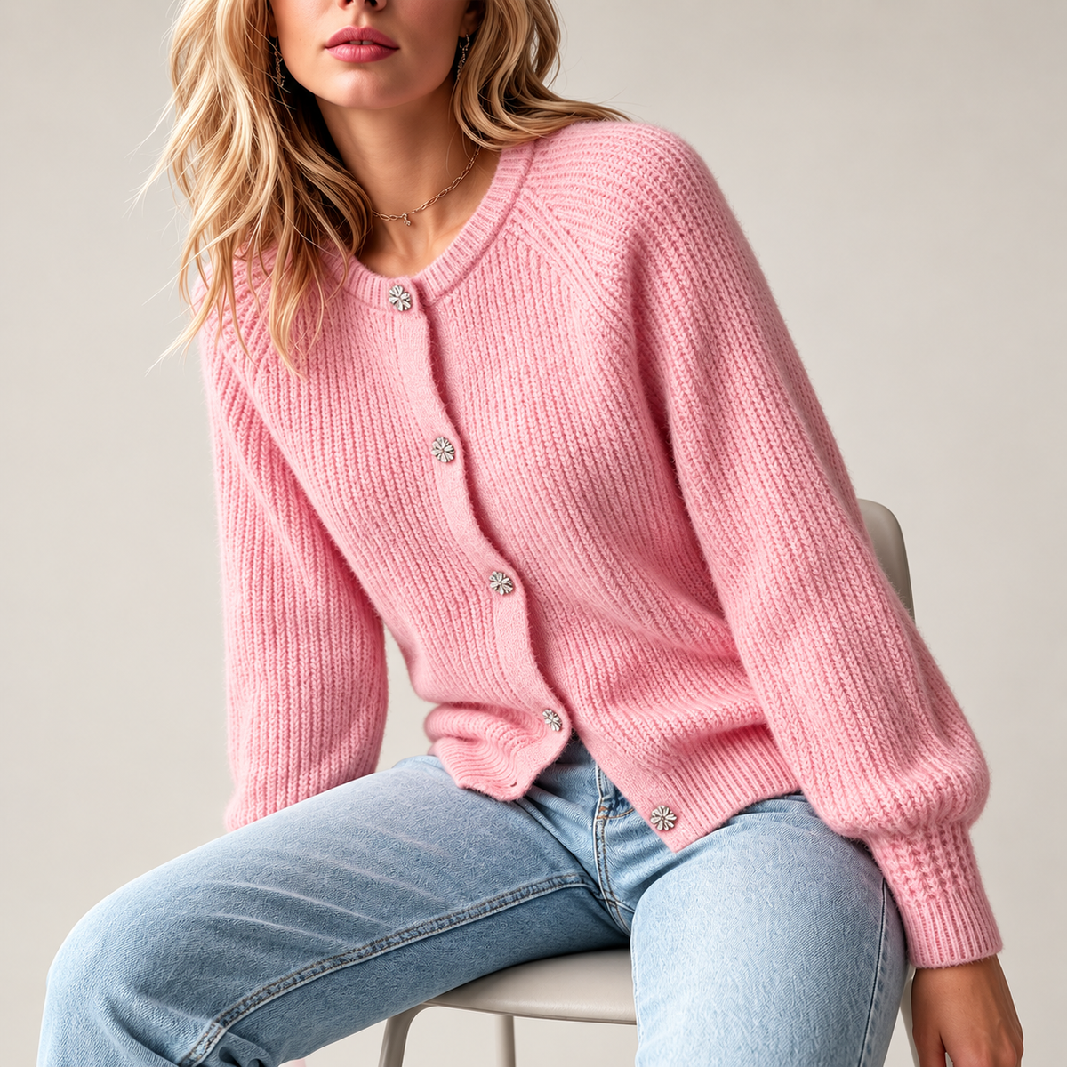 Vivienne Women’s Blush Pink Ribbed Knit Cardigan