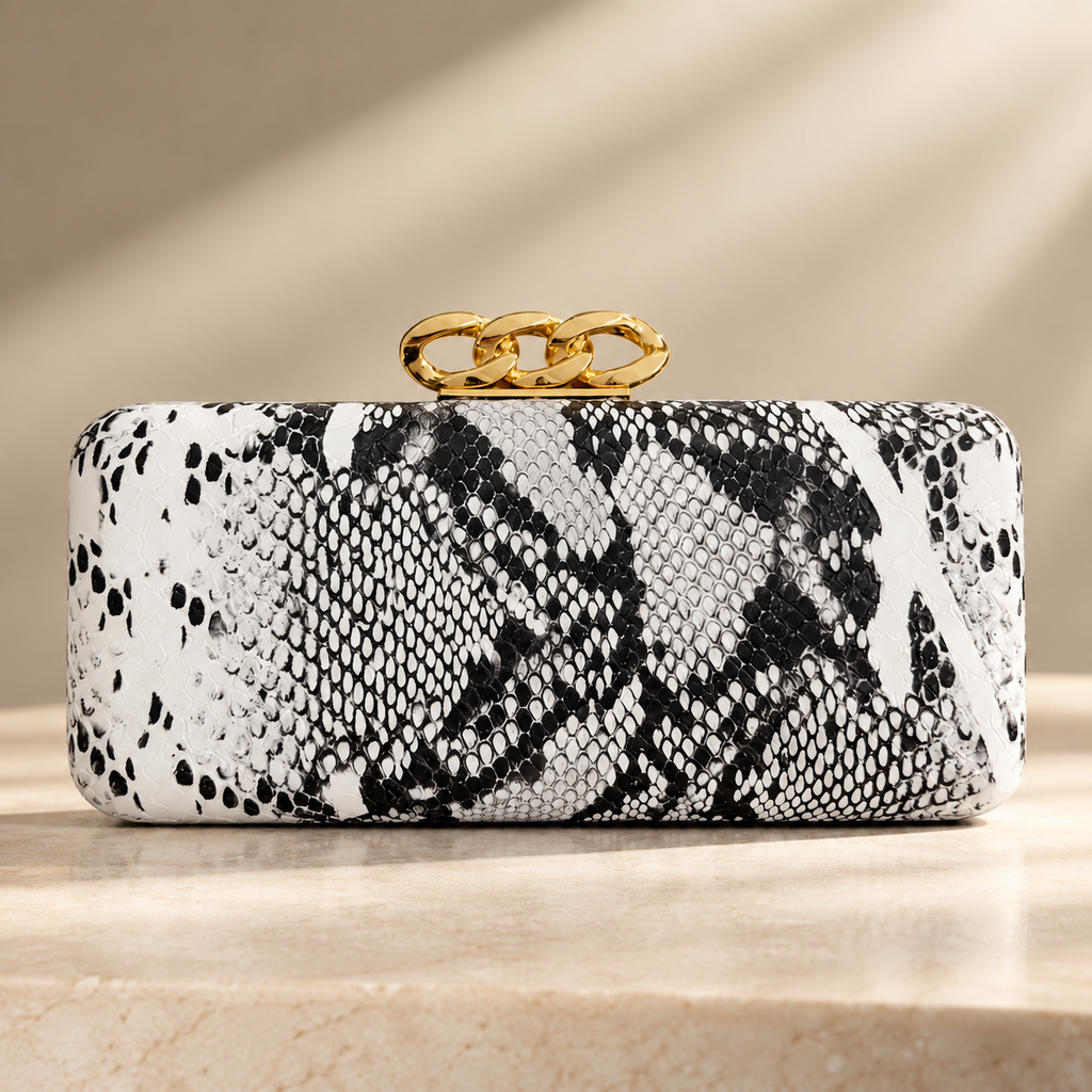 Camille Snakeskin-Print Chain Clasp Evening Clutch Bag