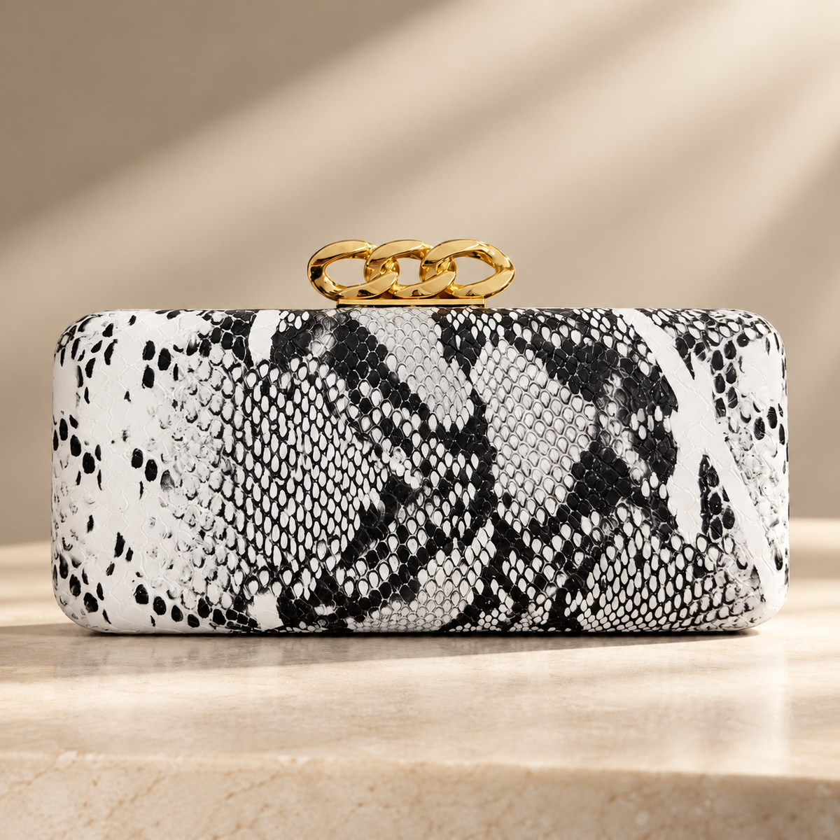 Camille Snakeskin-Print Chain Clasp Evening Clutch Bag