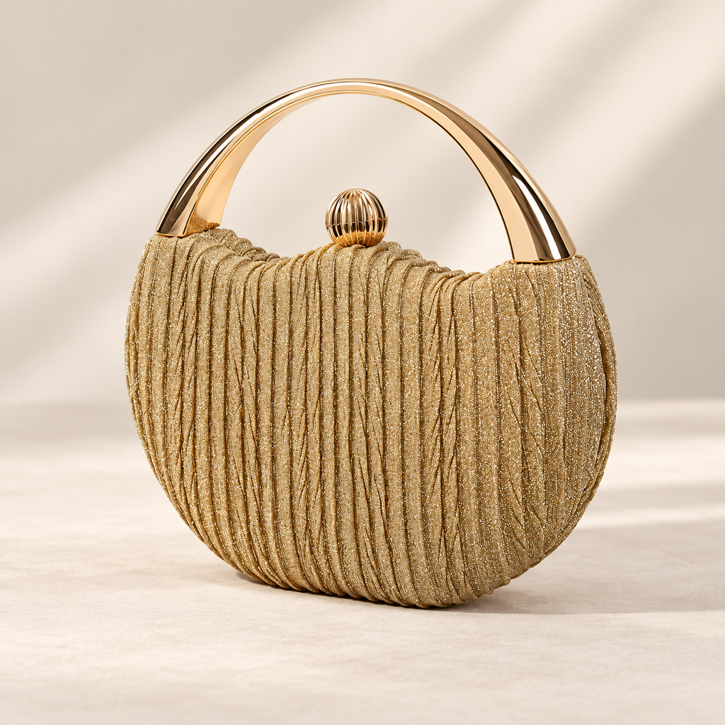 Lucienne Pleated Glitter Evening Clutch with Gold Handle