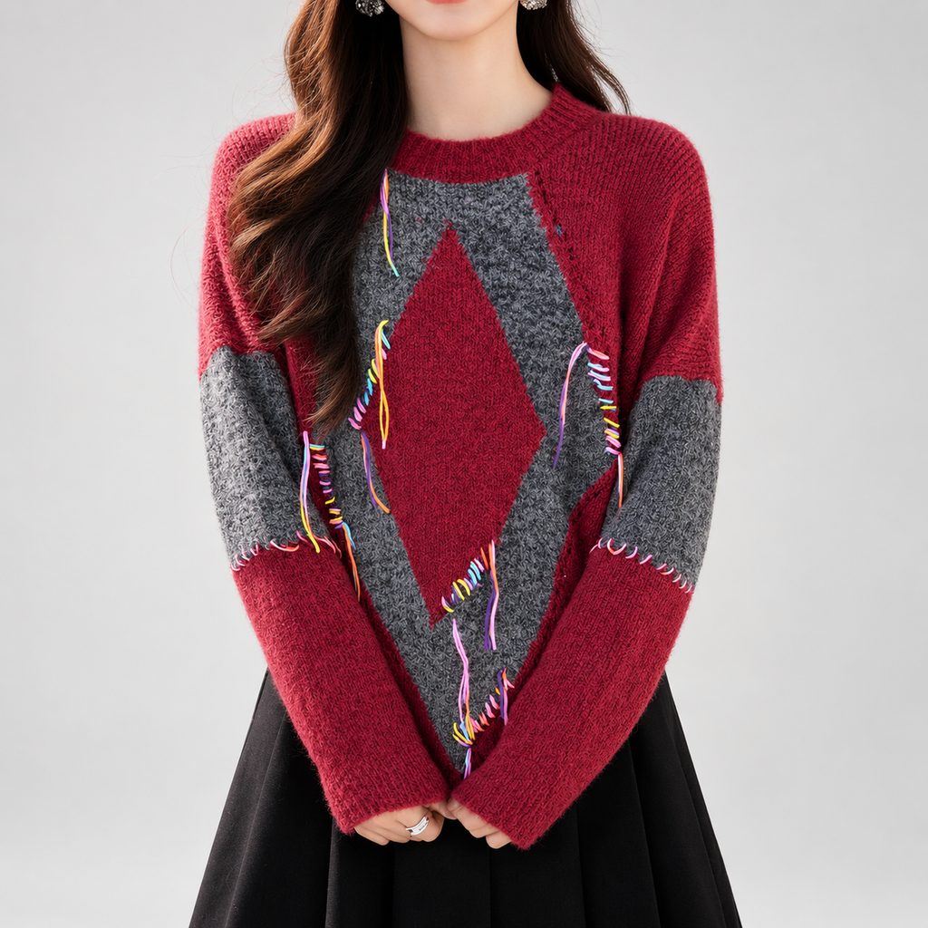 Camille Geometric Colorblock Knit Sweater with Multicolor Stitch Detail