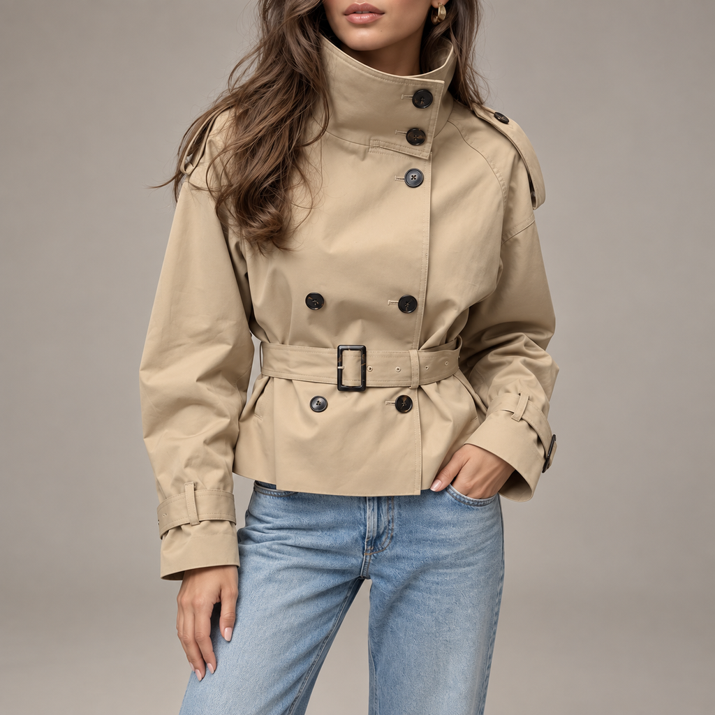 Camille Women’s Cropped Double-Breasted Trench Jacket with Belt