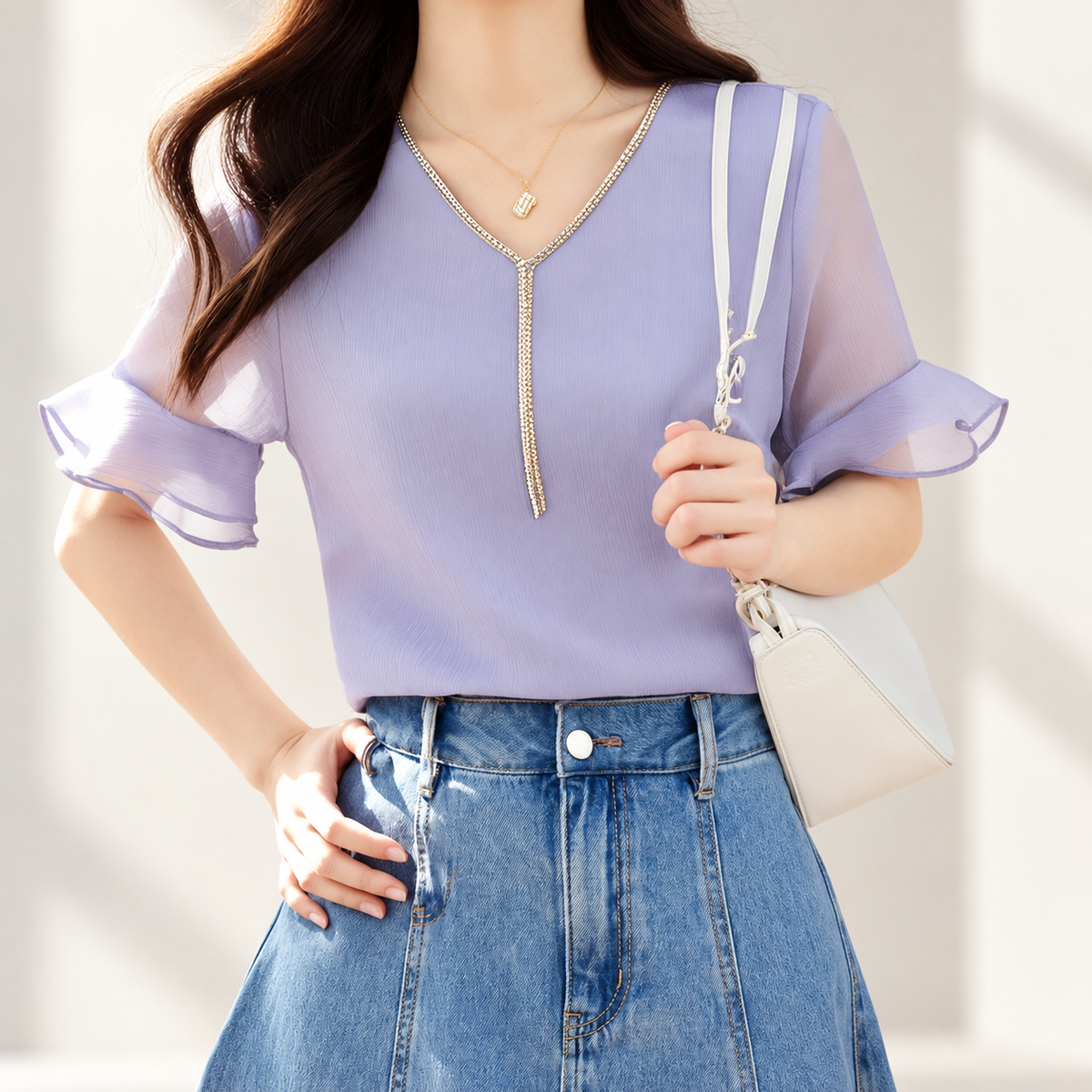 Sienna Women’s Lavender Rhinestone V-Neck Ruffle Sleeve Blouse