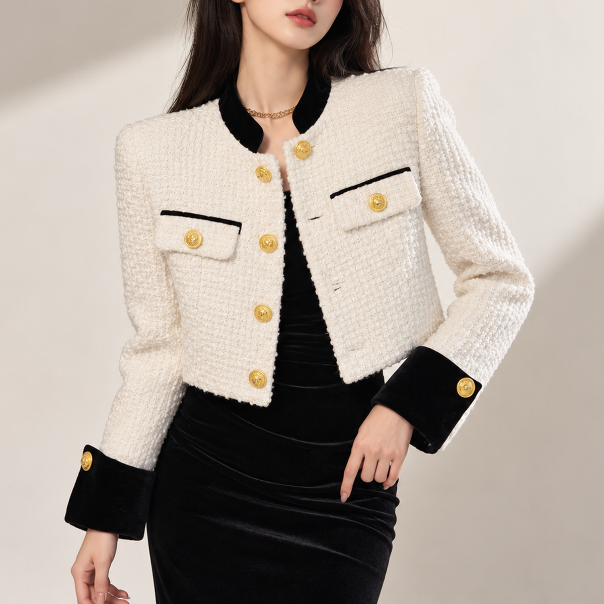 Alessia Women’s Textured Cropped Jacket – Contrast Trim Gold-Tone Button Cardigan Blazer