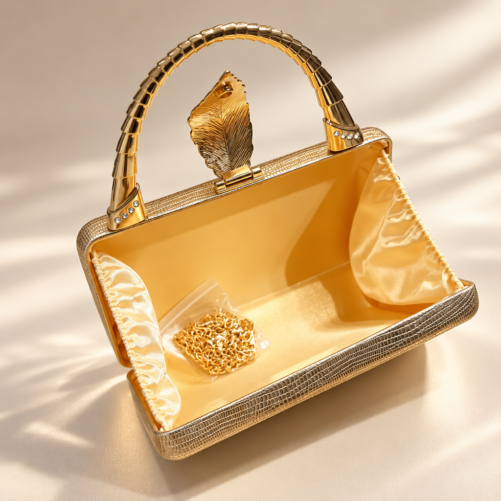 Camille Metallic Leaf Clasp Evening Clutch with Top Handle