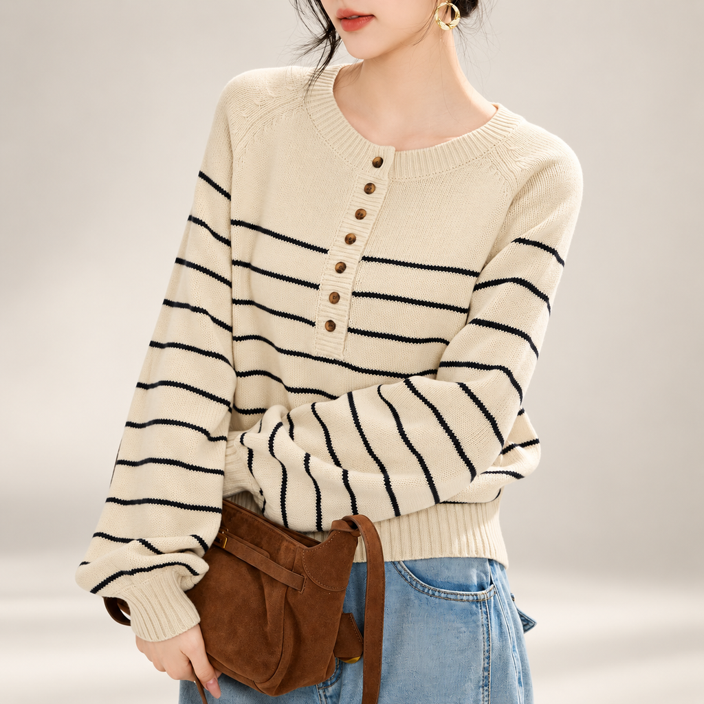 Elena Cream & Navy Striped Henley Knit Sweater