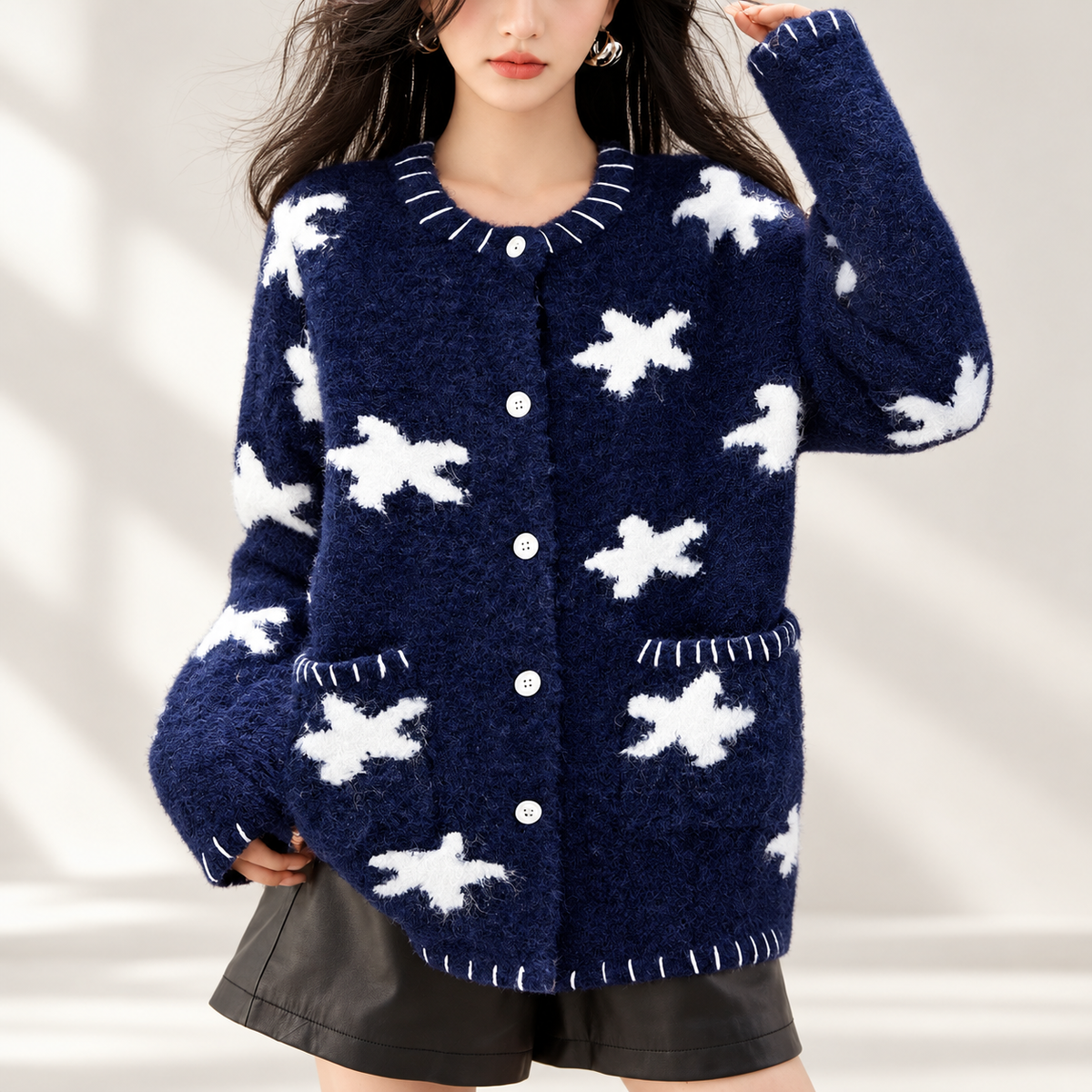 Isabella Women’s Navy White Star Fuzzy Button-Front Cardigan