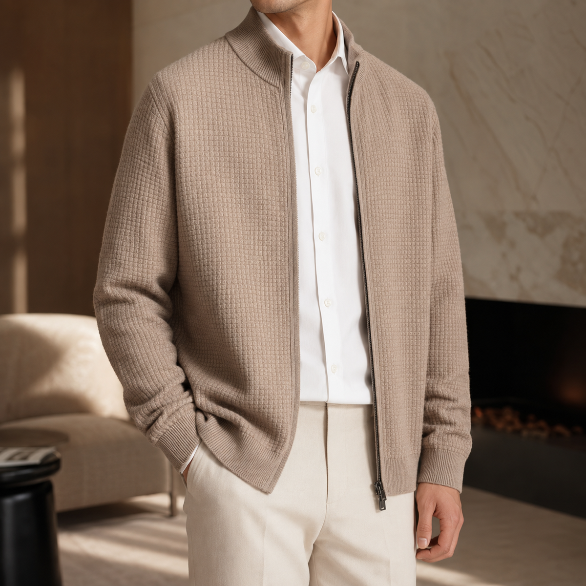 Harrison Men's Full-Zip Knit Cardigan – Textured Mock Neck Sweater