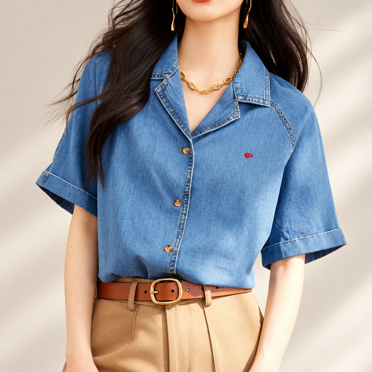 Alessia Women’s Short Sleeve Denim Button-Up Shirt – Medium Blue