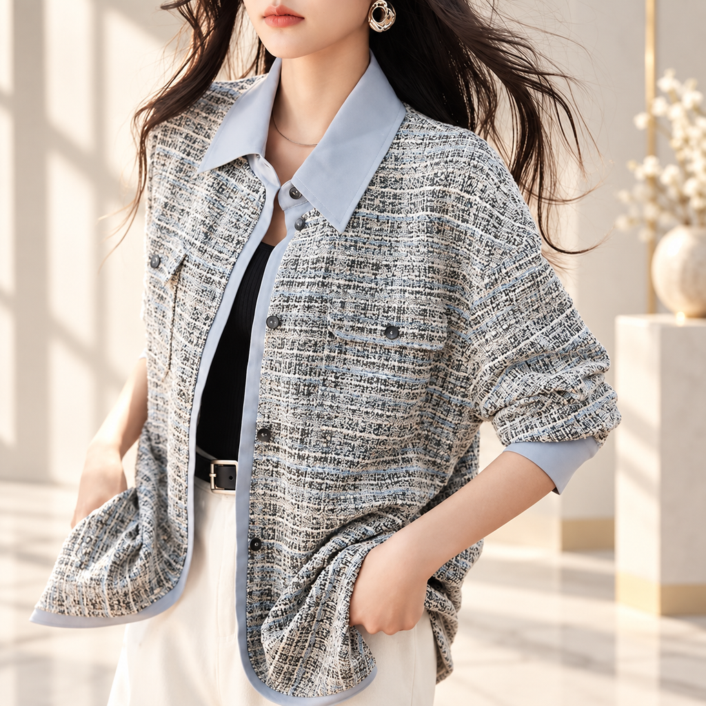 Camille Women’s Blue Tweed Contrast-Collar Long Shirt