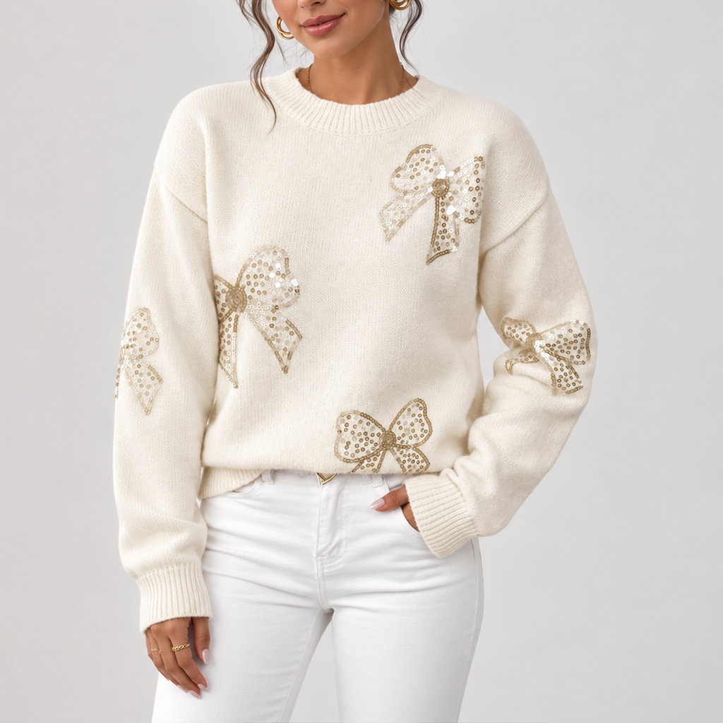 Sienna Sequin Bow Knit Sweater – Women’s Crewneck Pullover