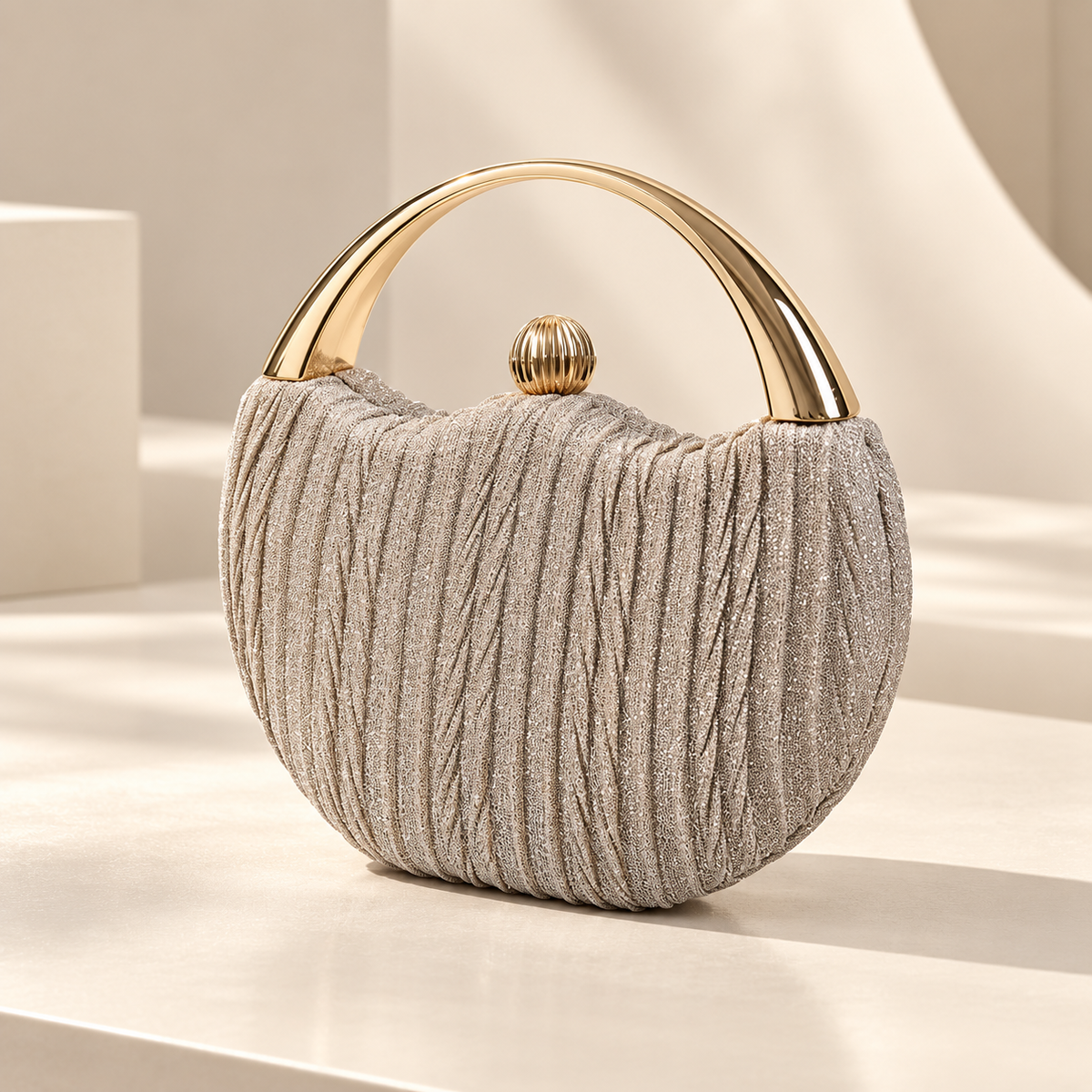 Lucienne Pleated Glitter Evening Clutch with Gold Handle