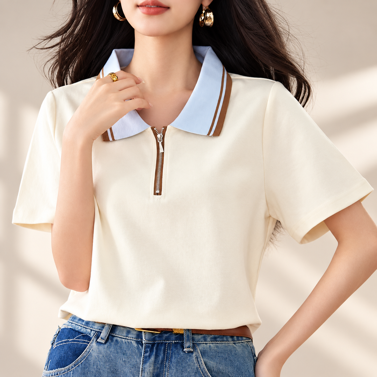 Juliette Zip-Collar Short-Sleeve Polo Top