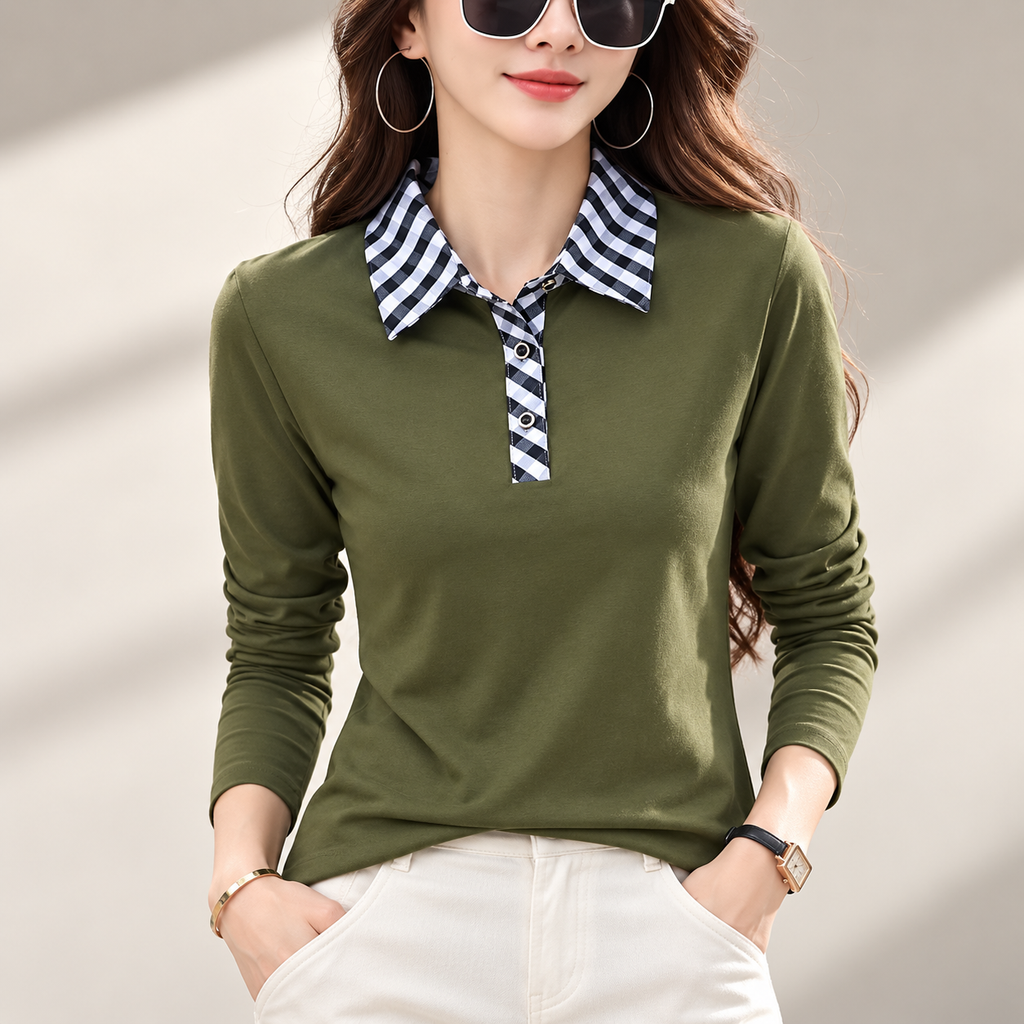 Camille Women’s Long Sleeve Polo Top with Checkered Collar