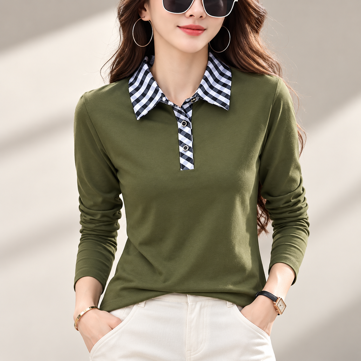 Camille Women’s Long Sleeve Polo Top with Checkered Collar