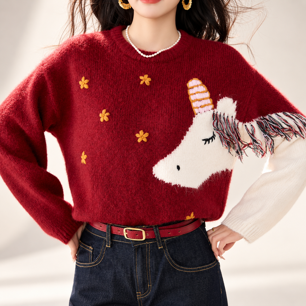 Vivienne Unicorn Intarsia Red Crew Neck Knit Sweater for Women