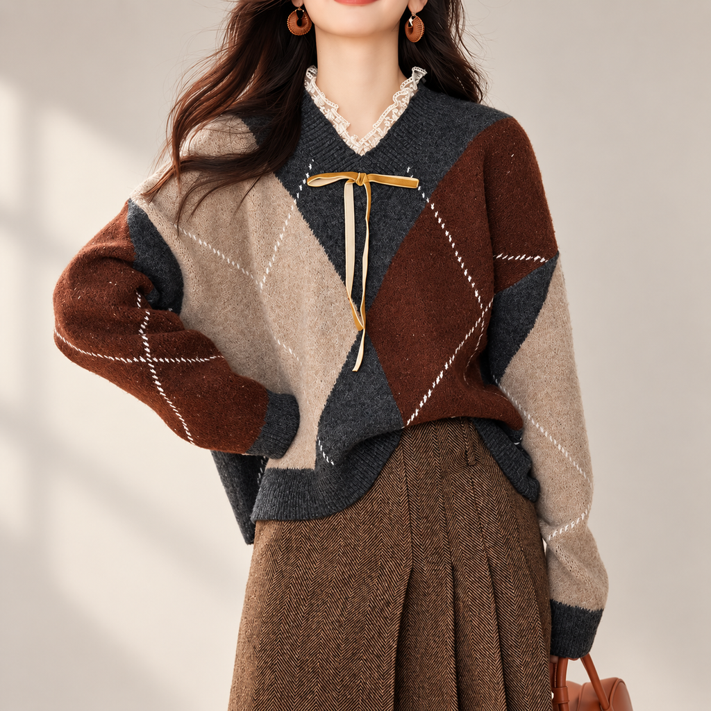 Harriet Women’s Argyle Bow-Neck Knit Sweater