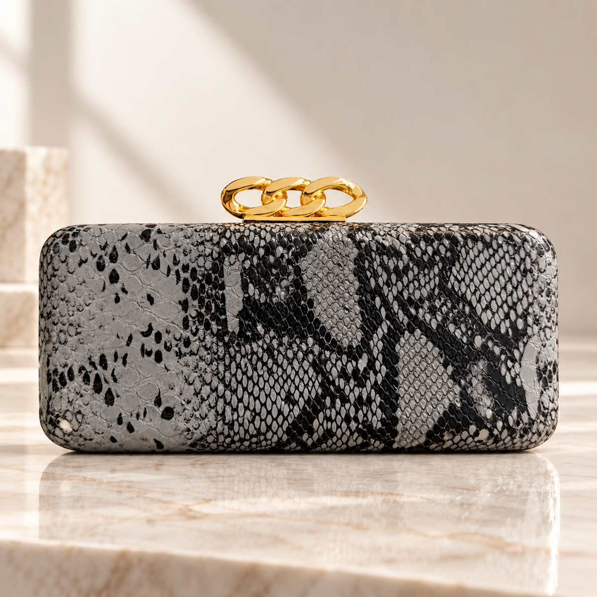 Camille Snakeskin-Print Chain Clasp Evening Clutch Bag