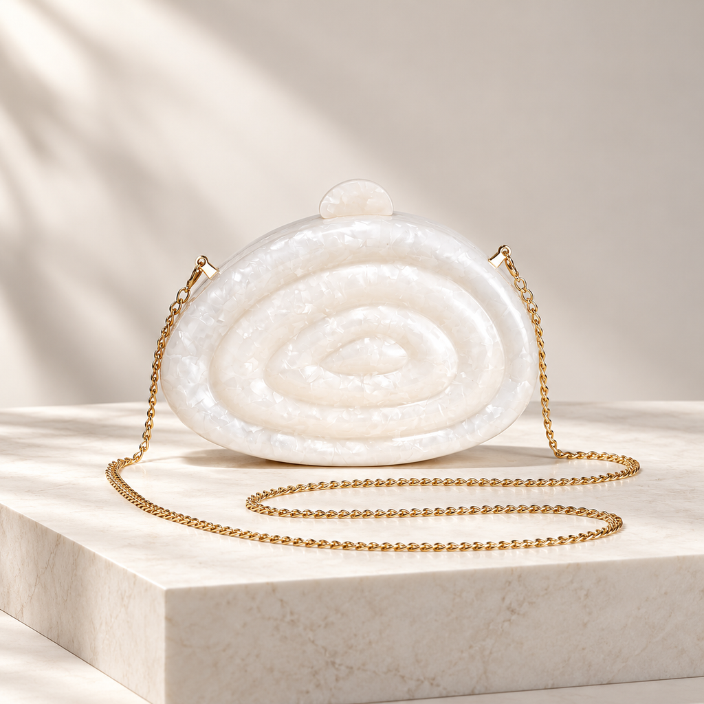 Camille Pearlescent Spiral Acrylic Clutch Bag with Chain Strap
