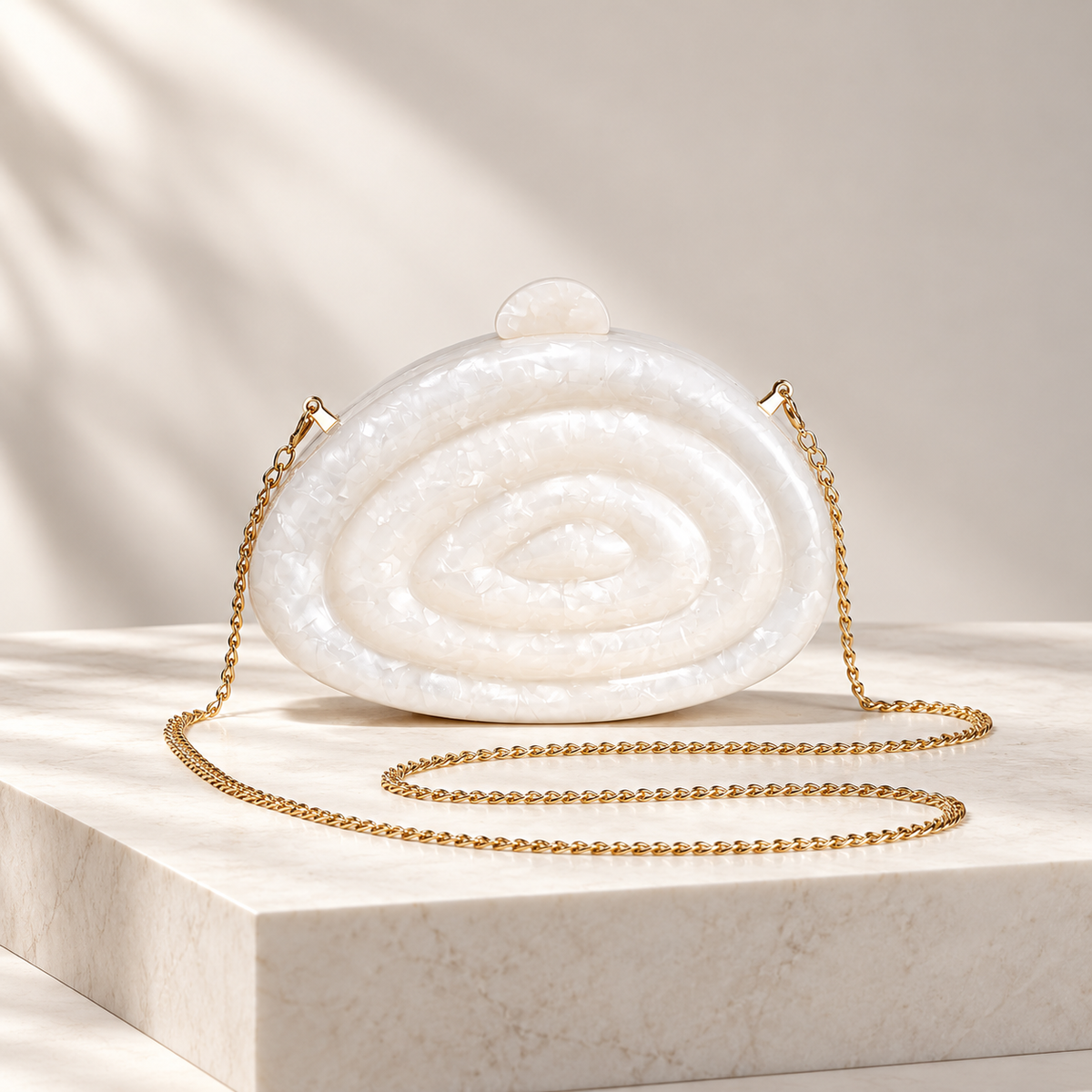 Camille Pearlescent Spiral Acrylic Clutch Bag with Chain Strap