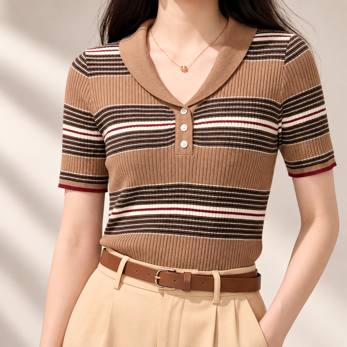 Isabella Women’s Striped Rib-Knit Polo Top