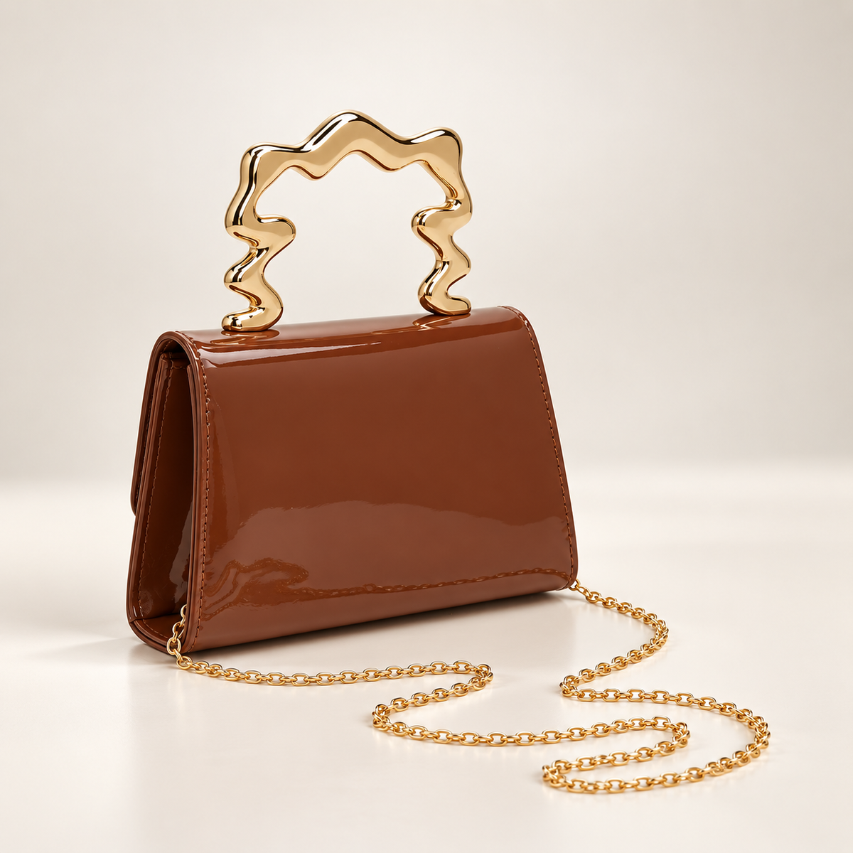 Aurélie Sculptural Handle Glossy Top Handle Handbag with Gold-Tone Hardware