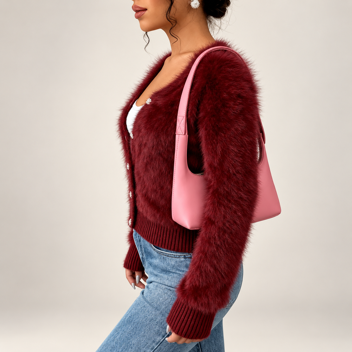 Sienna Women’s Burgundy Fuzzy Knit Cardigan