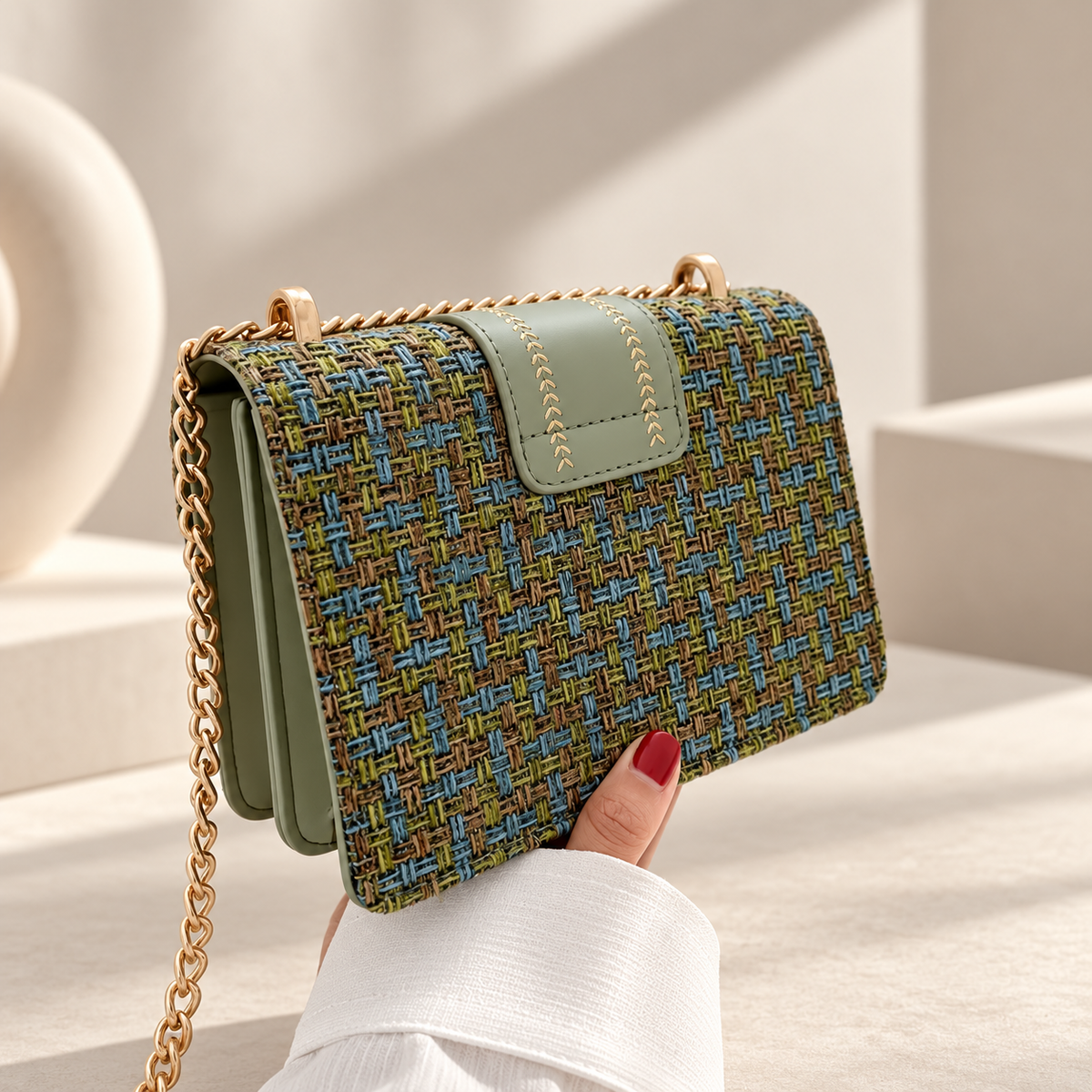 Elodie Tweed Crossbody Bag with Gold Oval Buckle