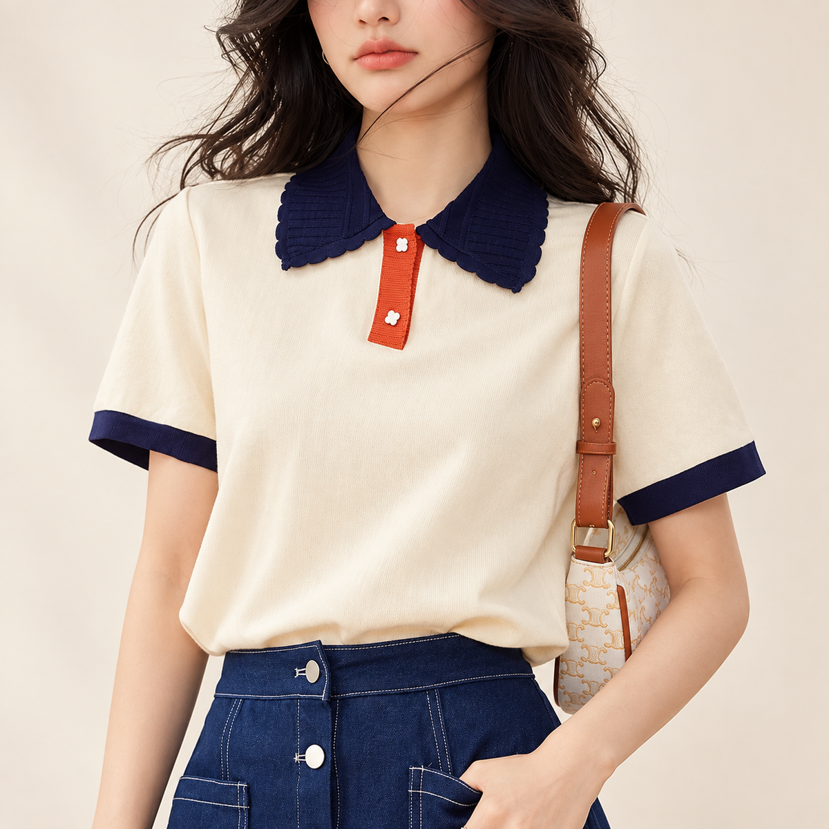 Evelyn Contrast Collar Short-Sleeve Knit Top