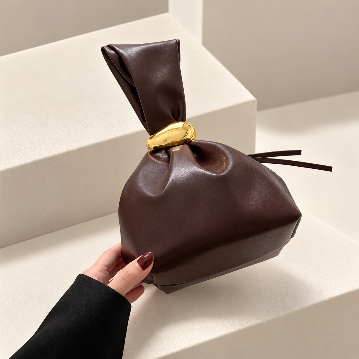 Alessia Sculpted Knot Pouch Bag with Gold-Tone Ring