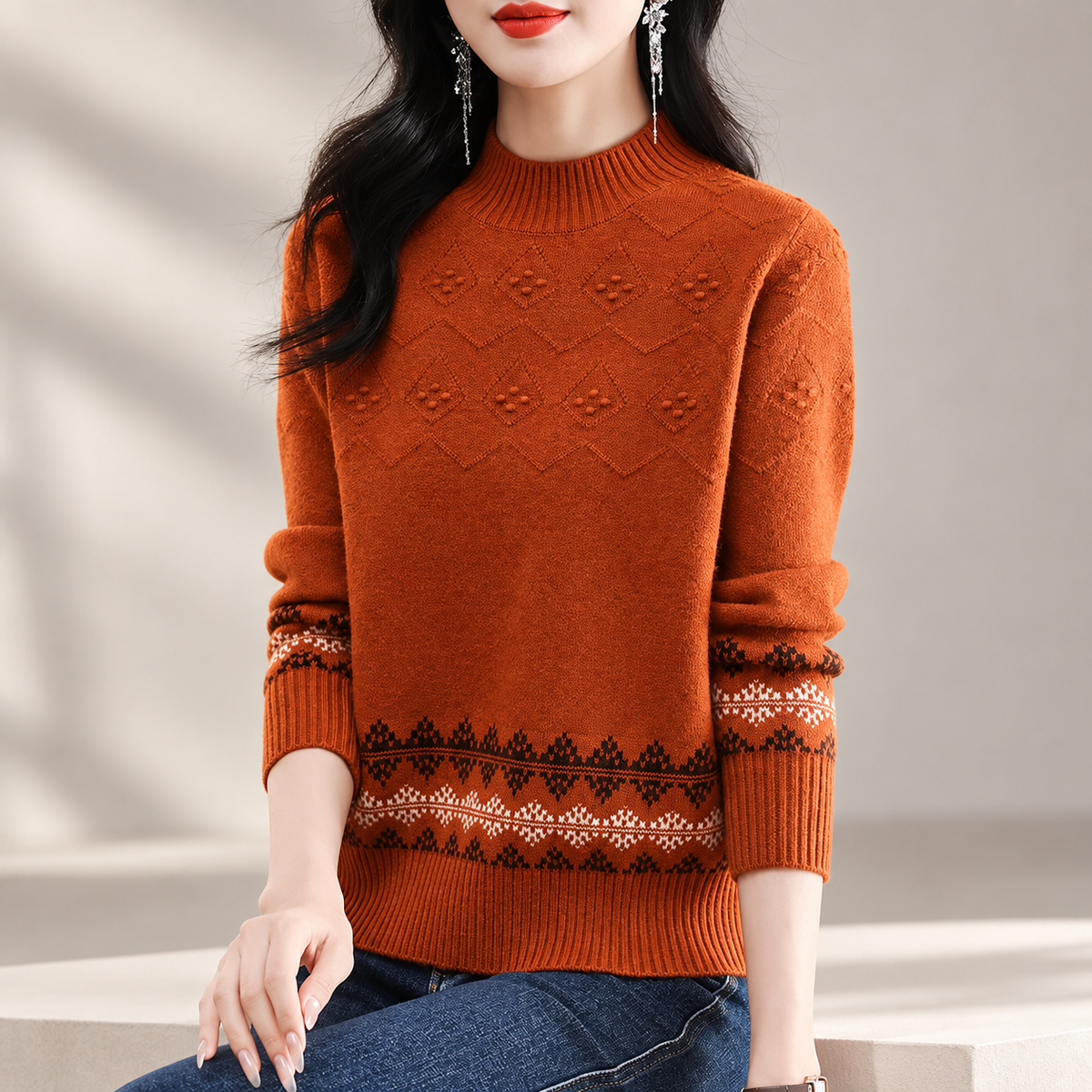 Amelia Women’s Mock Neck Fair Isle Knit Sweater
