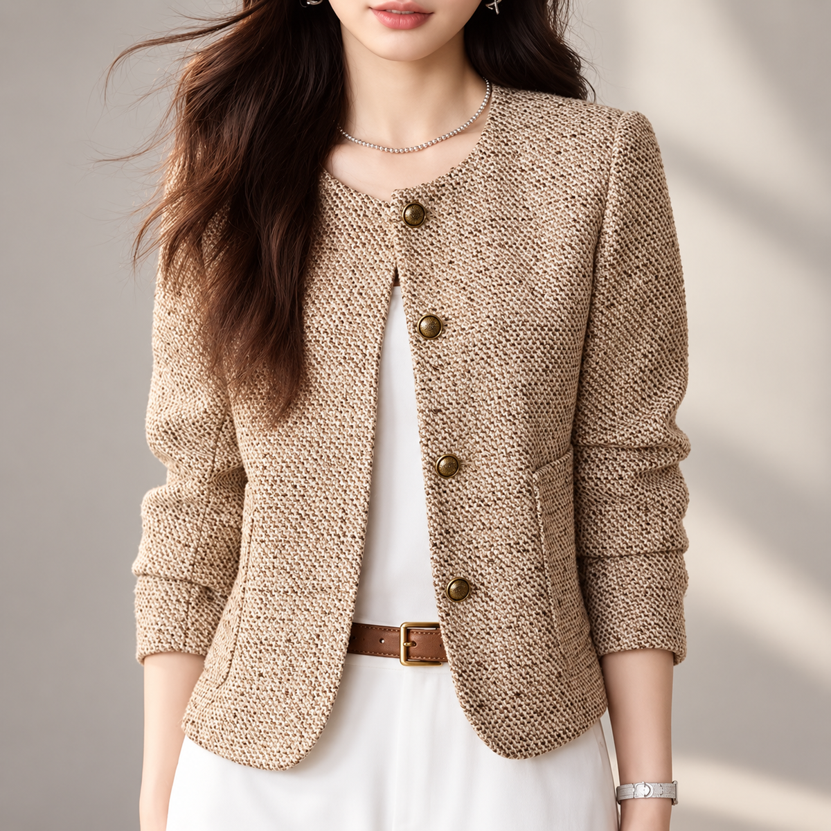 Vivienne Women’s Textured Jacket – Collarless Button-Front Blazer
