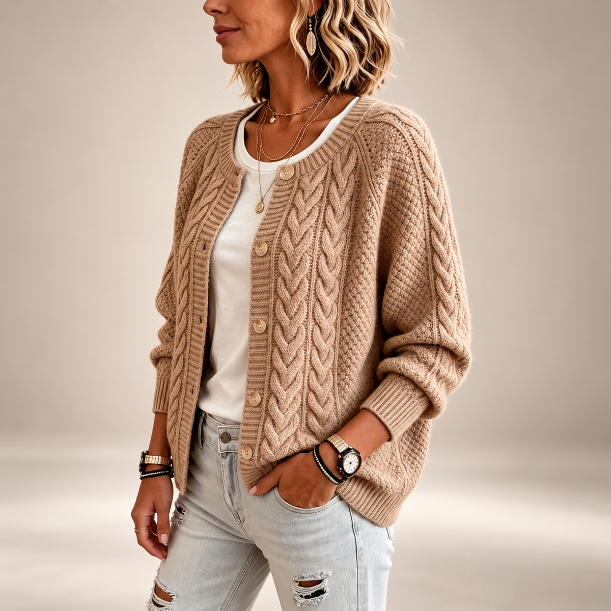 Adeline Women’s Cable Knit Button Cardigan
