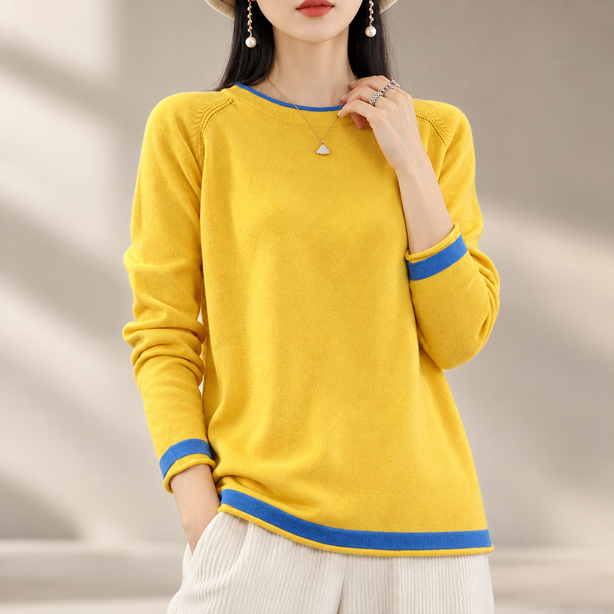 Adeline Contrast-Trim Women’s Crewneck Sweater